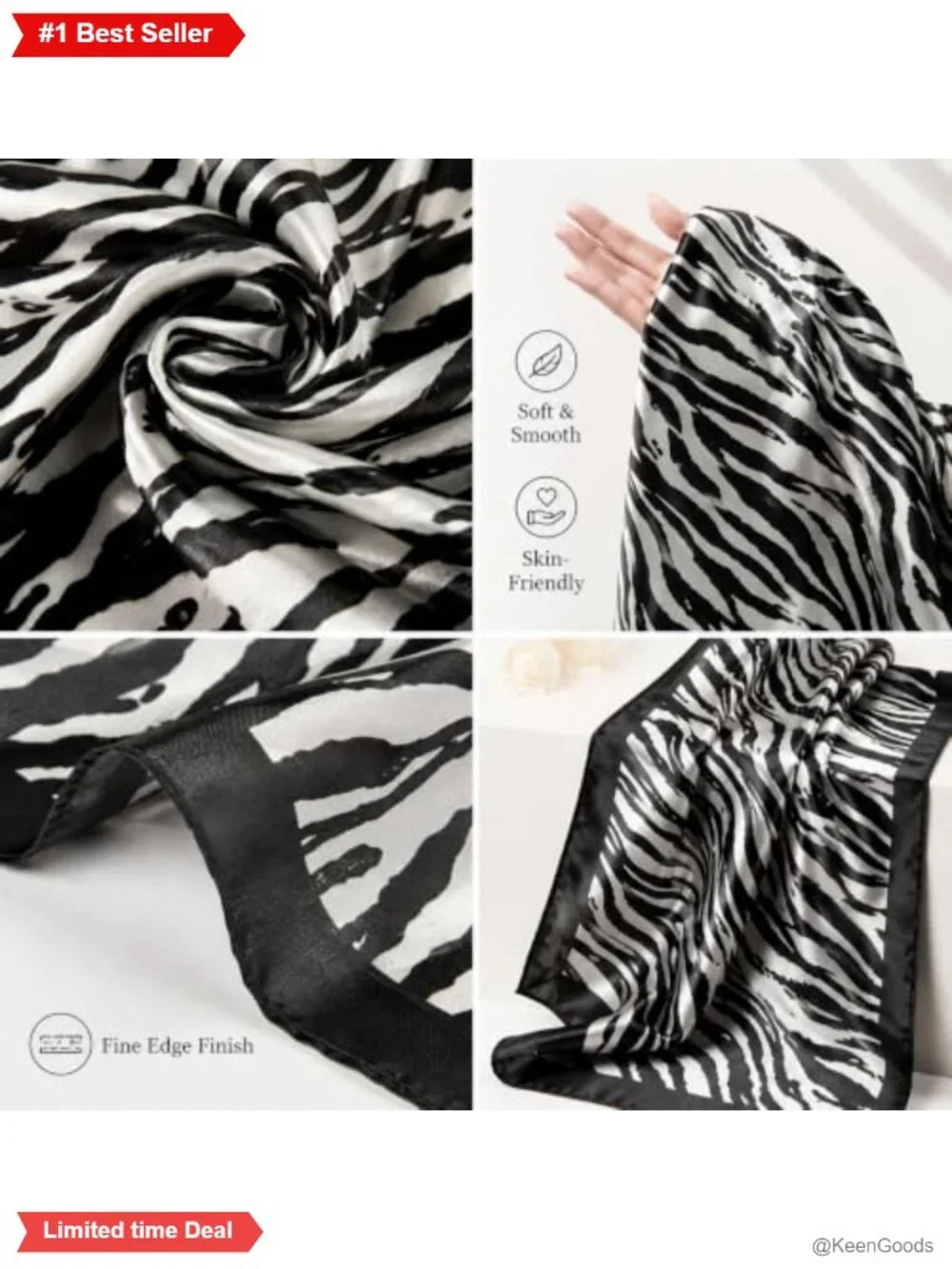 Women's Satin Zebra Print Square Scarf 35in Bandana Neck Wrap Hair Accessory